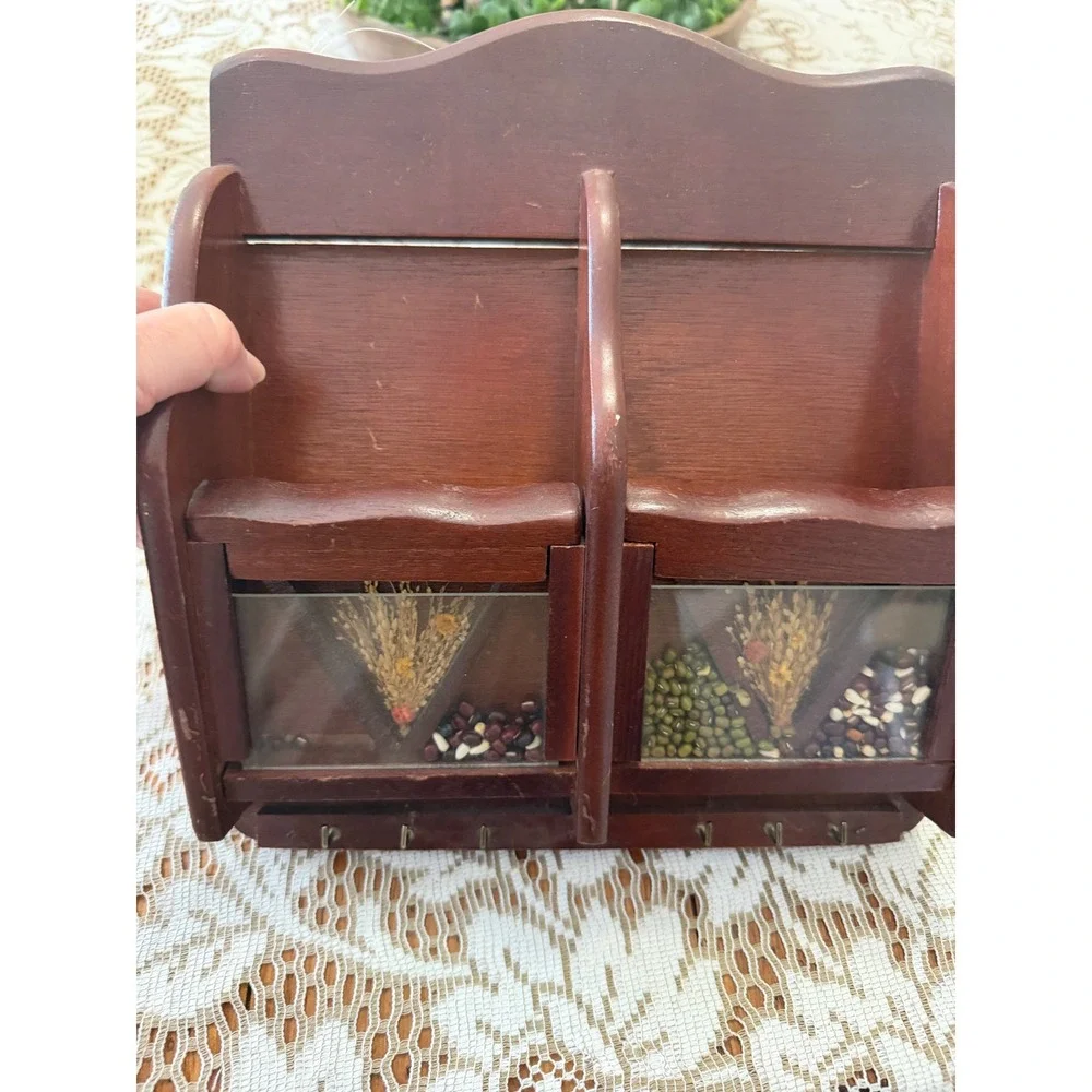 Vintage Wooden Wall Mail Organizer Key Rack Shadow Box Dried Wheat Beans